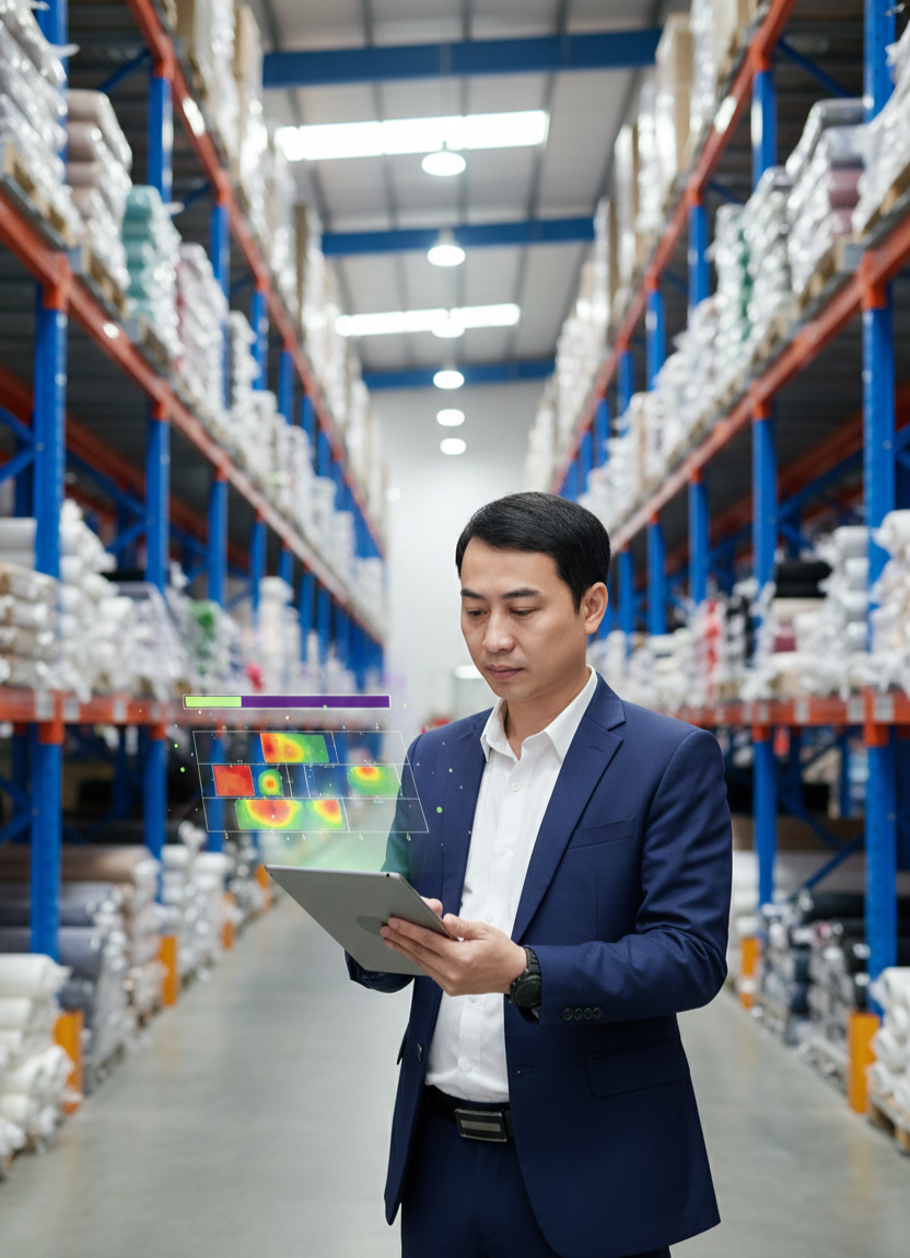 Quản lý kho thông minh trong doanh nghiệp dệt may giúp kiểm soát tồn kho nguyên phụ liệu, tránh thiếu hụt cho sản xuất và giảm lãng phí vận hành.