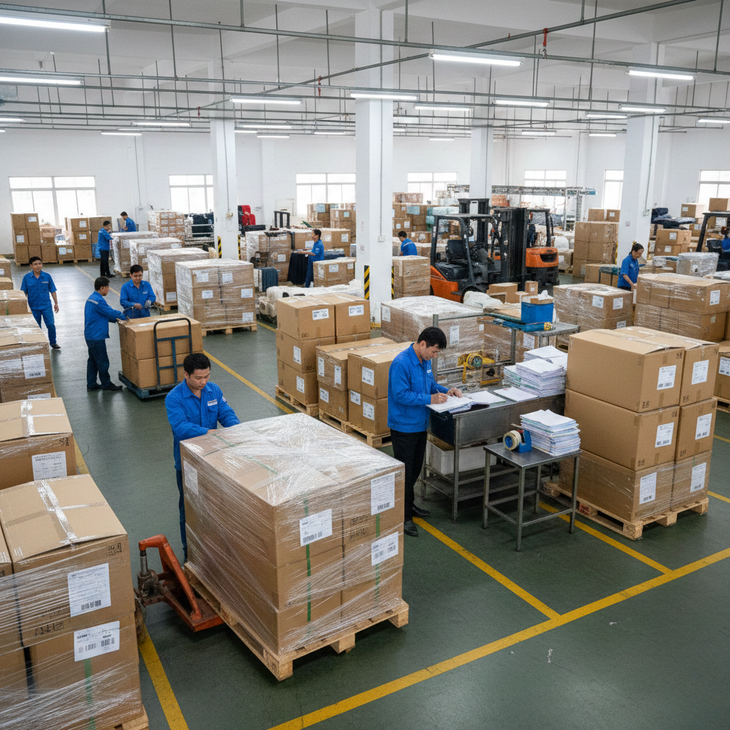 Công nhân chuẩn bị hàng hóa trong quản lí xuất nhập khẩu doanh nghiệp may tại nhà máy