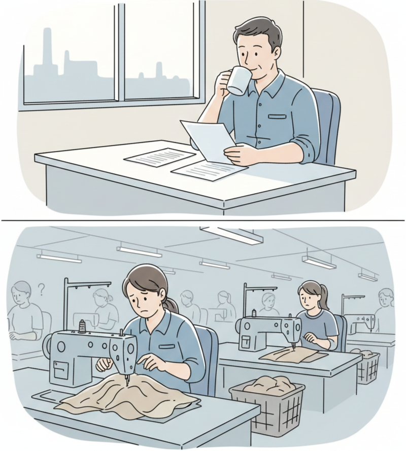 Minh hoạ quản lý tiến độ sản xuất dệt may khi dữ liệu chỉ được xem sau ca làm việc nên phát hiện trễ quá muộn