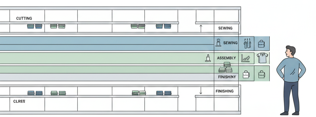 Minh hoạ quản lý tiến độ sản xuất dệt may theo thời gian thực khi người điều hành theo dõi WIP, điểm nghẽn và độ lệch ngay trong ca