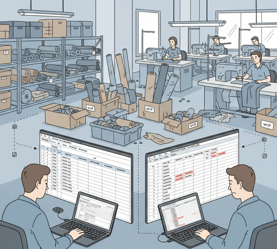 Minh hoạ nguyên nhân tồn kho ảo trong nhà máy may do quản lý kho bằng Excel và dữ liệu không liên thông giữa kho và sản xuất