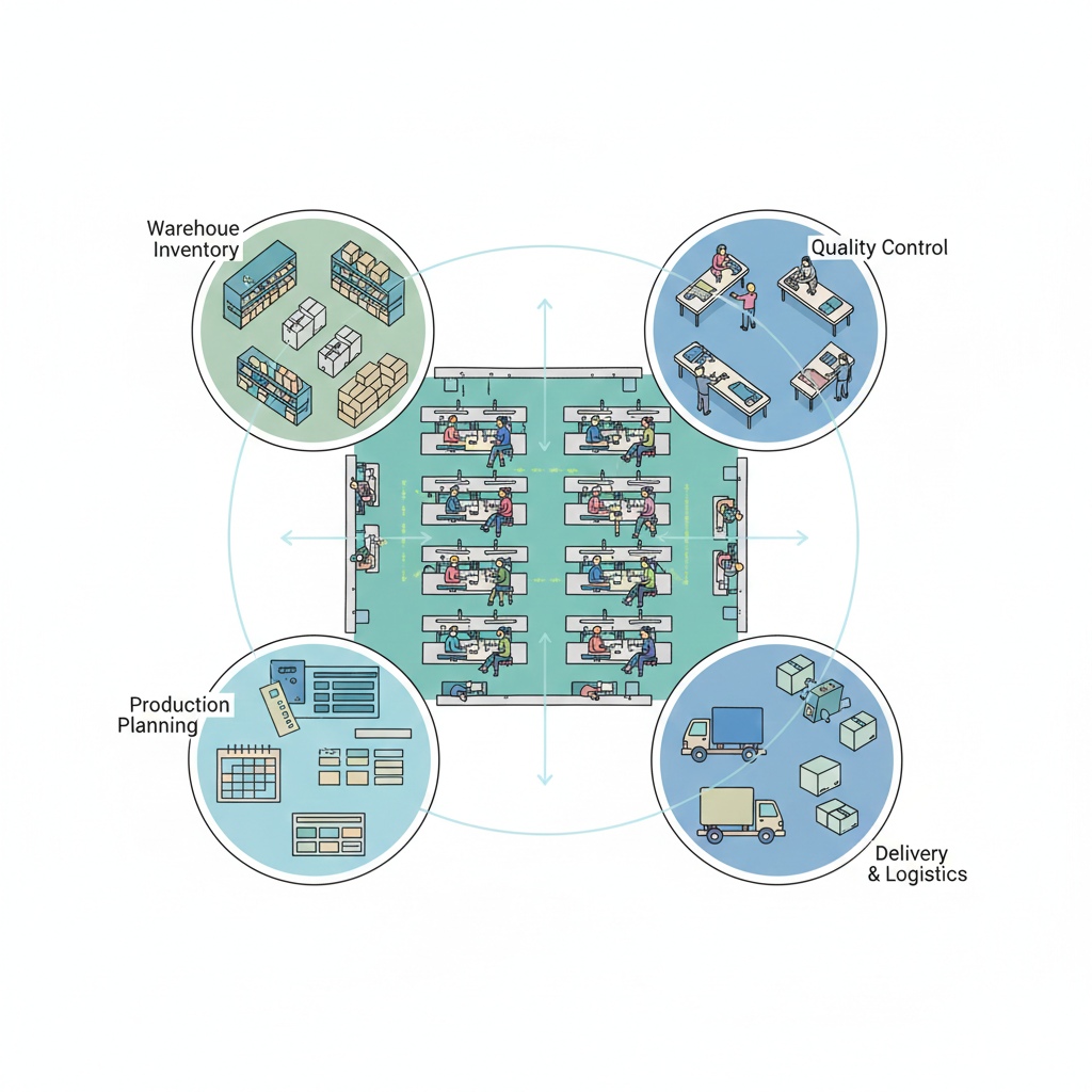Minh hoạ sản xuất là trung tâm của ERP dệt may khi dữ liệu từ chuyền may chi phối kho, chất lượng và tiến độ giao hàng