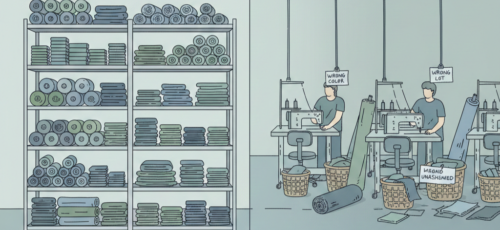 Minh hoạ lệch tồn kho giữa kho và sản xuất trong nhà máy may khi kho còn nguyên phụ liệu nhưng chuyền may không sử dụng được