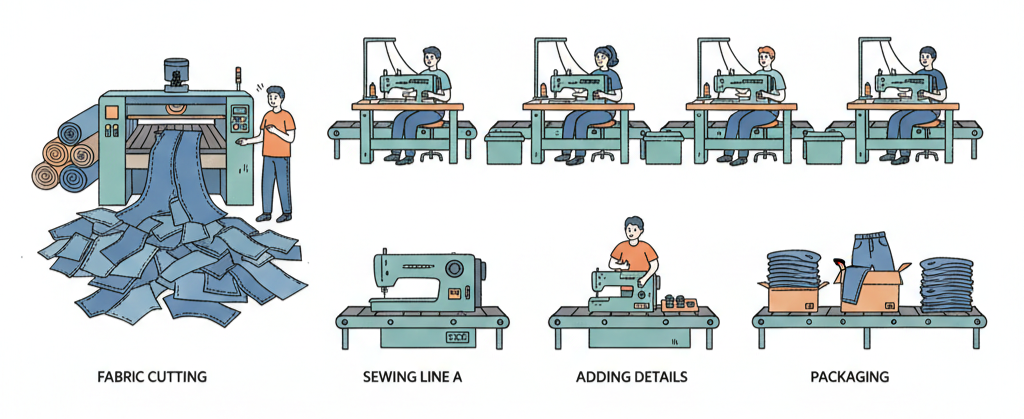 Minh hoạ lệch tồn kho theo định mức trong nhà máy may khi phân bổ nguyên phụ liệu không phù hợp với BOM và tiêu hao thực tế