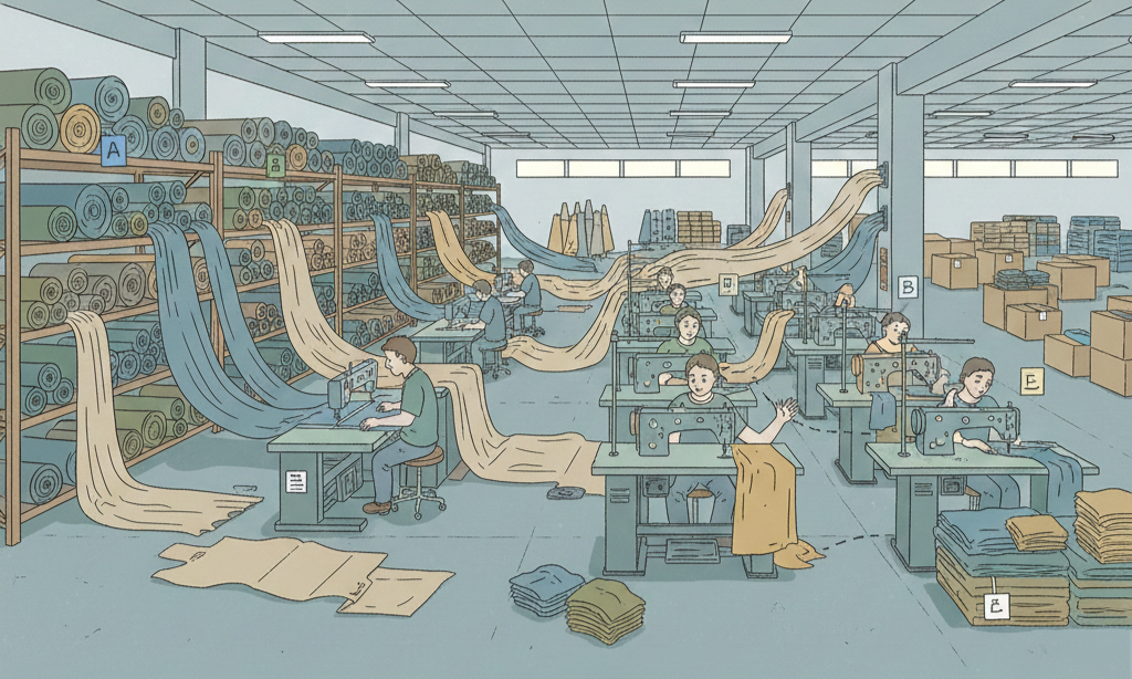 Minh hoạ lệch tồn kho theo mã lô màu trong nhà máy may khi vật tư đúng mã nhưng không phù hợp để sử dụng cho đơn hàng