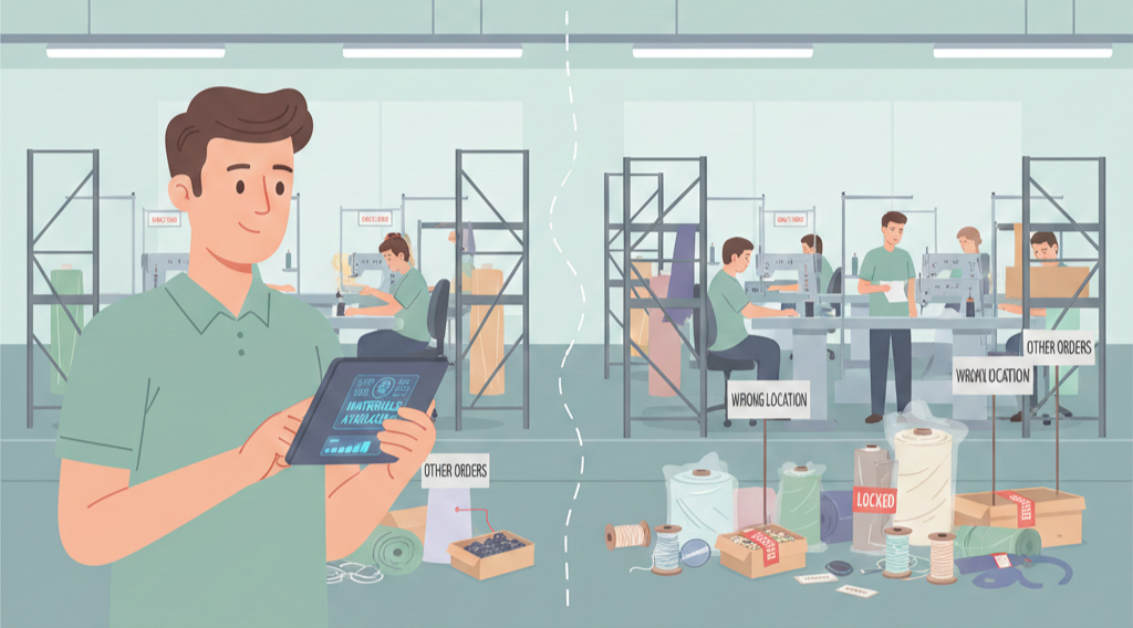 Minh hoạ tồn kho ảo trong nhà máy dệt may khi tồn kho trên hệ thống không khớp với thực tế sản xuất