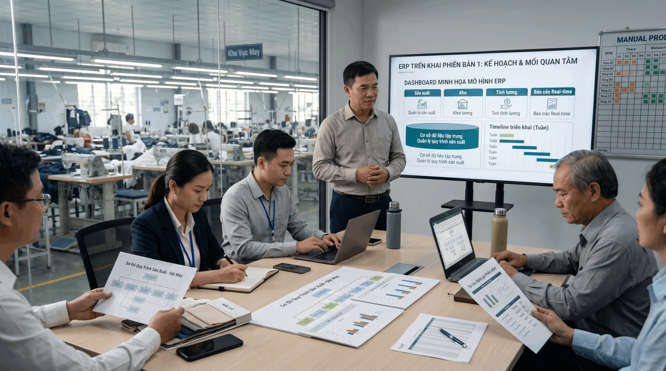 Nhóm nhân sự doanh nghiệp Việt Nam đang họp phân tích quy trình và dữ liệu trước khi triển khai ERP thay thế Excel