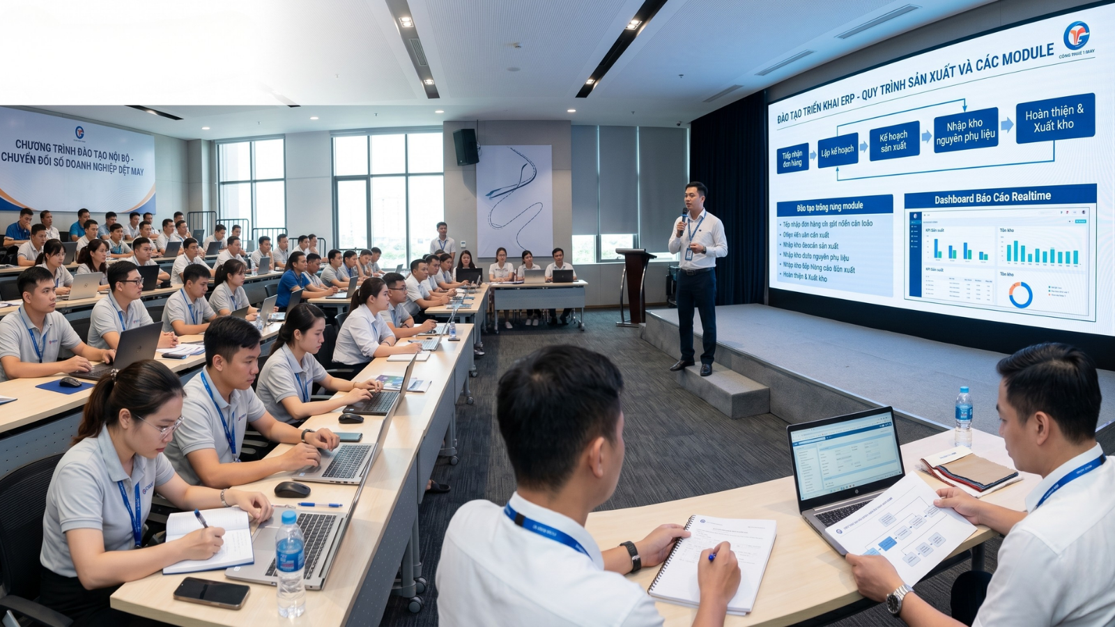 Buổi đào tạo ERP quy mô lớn cho nhân sự doanh nghiệp dệt may Việt Nam trong hội trường công ty