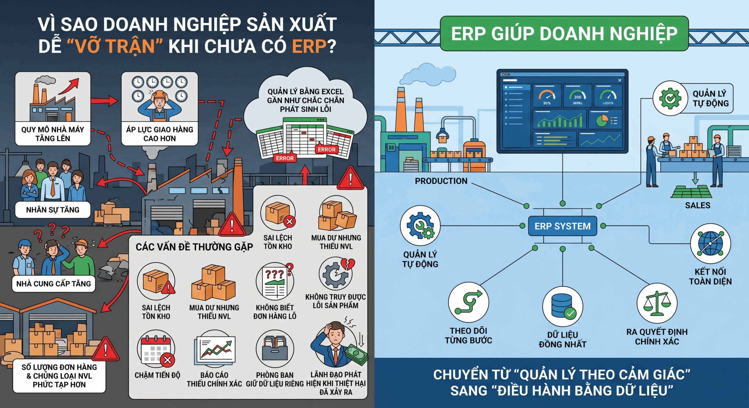 Hình ảnh so sánh sự hỗn loạn khi quản lý nhà máy bằng Excel và sự chuyên nghiệp khi vận hành bằng hệ thống ERP với dữ liệu tập trung.