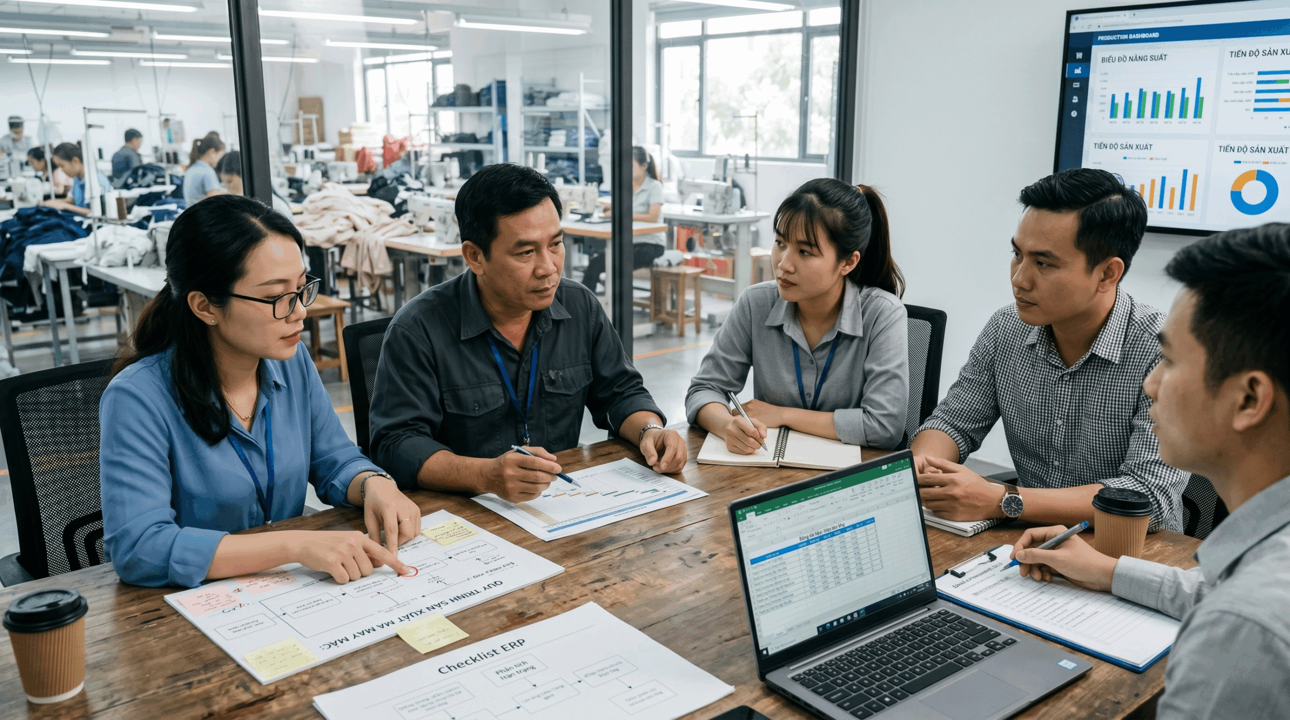 Nhóm nhân sự doanh nghiệp Việt Nam đang họp phân tích quy trình và dữ liệu trước khi triển khai ERP thay thế Excel