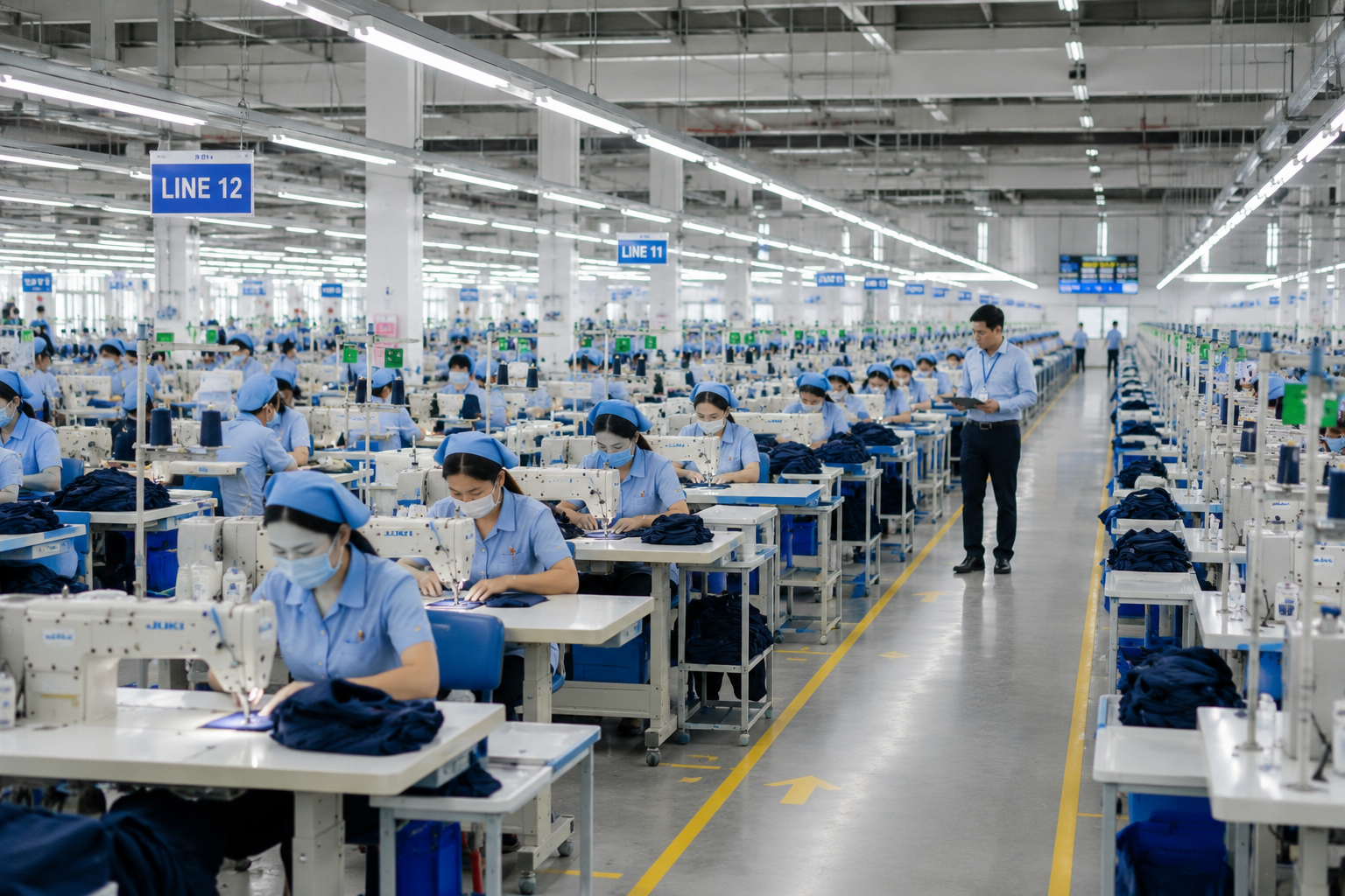 Chuyền may công nghiệp vận hành ổn định với công nhân và quản lý kỹ thuật kiểm tra hoạt động MMTB trong nhà máy may mặc