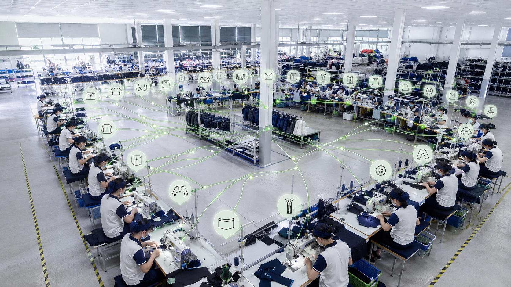 Giao việc tự động bằng AI ngành may giúp cân bằng chuyền và phân công công nhân theo kỹ năng trong nhà máy may mặc.