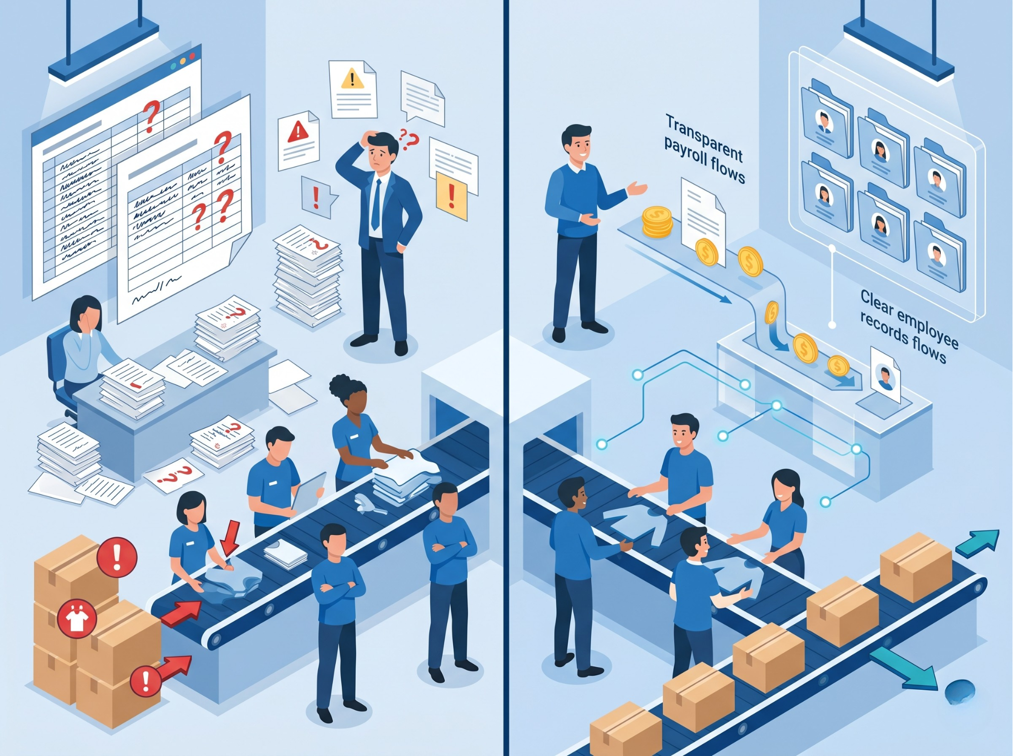 Phần mềm quản lý nhân sự ngành may giúp thay thế phương pháp quản lý nhân sự bằng Excel và hồ sơ giấy trong xưởng may.