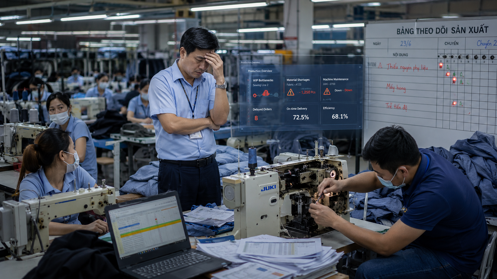 Quản lý sản xuất theo dõi tình trạng nghẽn chuyền trong nhà máy may khi trong quy trình triển khai ERP cho nhà máy may.