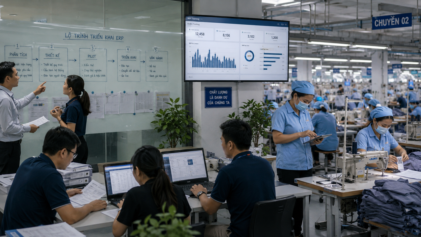 Đội ngũ triển khai ERP phối hợp cùng quản lý nhà máy may trong quá trình chuẩn hóa quy trình sản xuất và vận hành hệ thống ERP.
