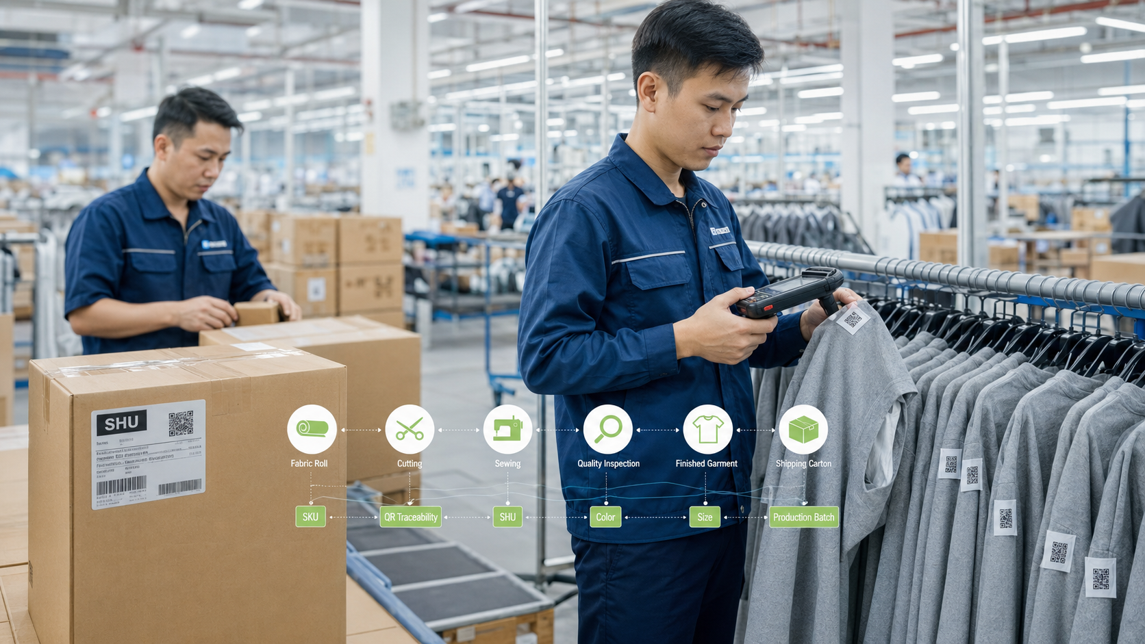 Kỹ sư nhà máy quét mã QR để quản lý SKU ngành may và truy xuất nguồn gốc sản phẩm bằng Tre ERP