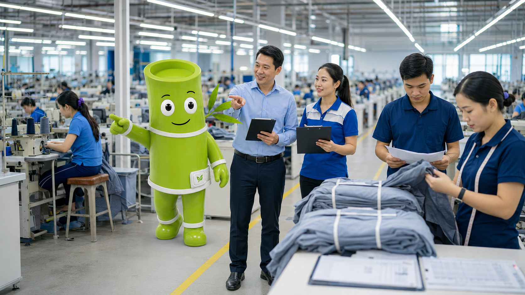 Linh vật AI của Tre ERP hỗ trợ quản lý và công nhân trong nhà máy may, minh họa giải pháp AI quản lý ngành may tối ưu vận hành sản xuất.