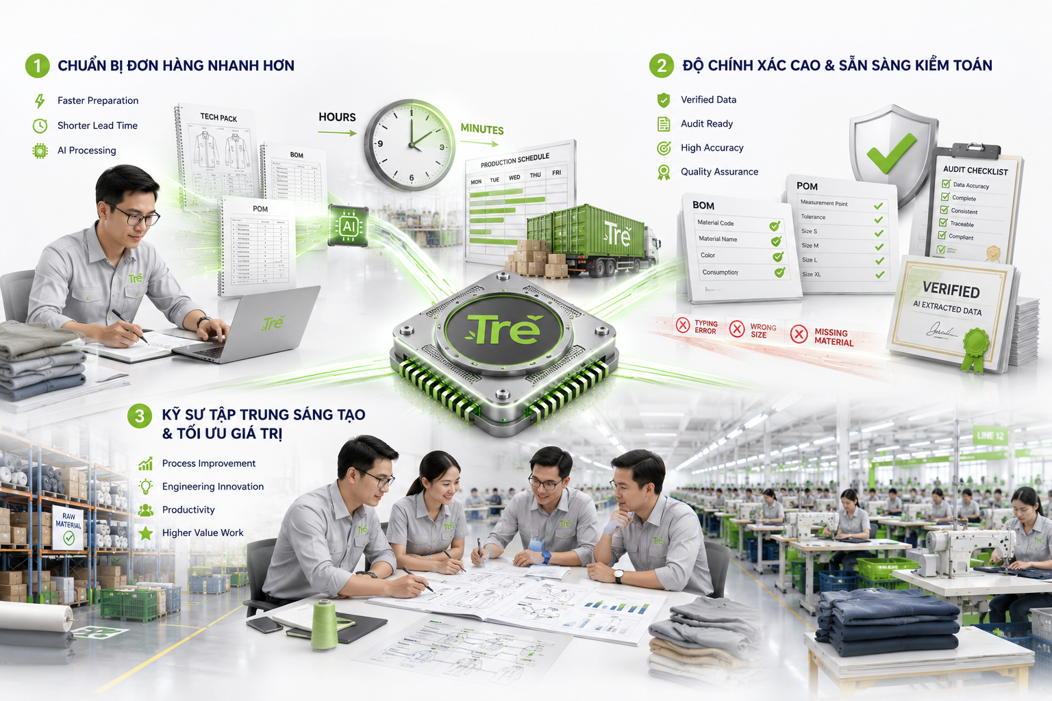 AI nhập liệu tự động trích xuất dữ liệu BOM và POM giúp rút ngắn thời gian chuẩn bị đơn hàng, tăng độ chính xác và nâng cao hiệu quả làm việc của kỹ sư trong ngành may.