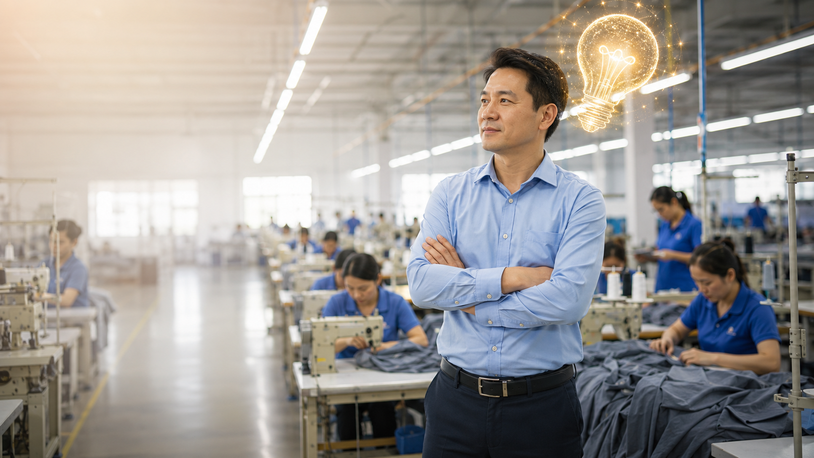 Quản lý sản xuất trong nhà máy may quan sát chuyền may với ý tưởng áp dụng hệ thống Lương 3P để nâng cao hiệu suất và minh bạch đánh giá nhân sự.