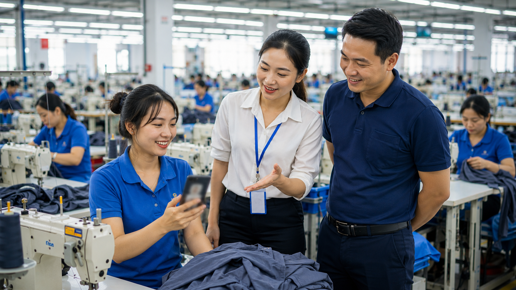 Công nhân may trao đổi với nhân sự về chính sách Lương 3P trong nhà máy may hiện đại, thể hiện sự minh bạch về hiệu suất và thu nhập.