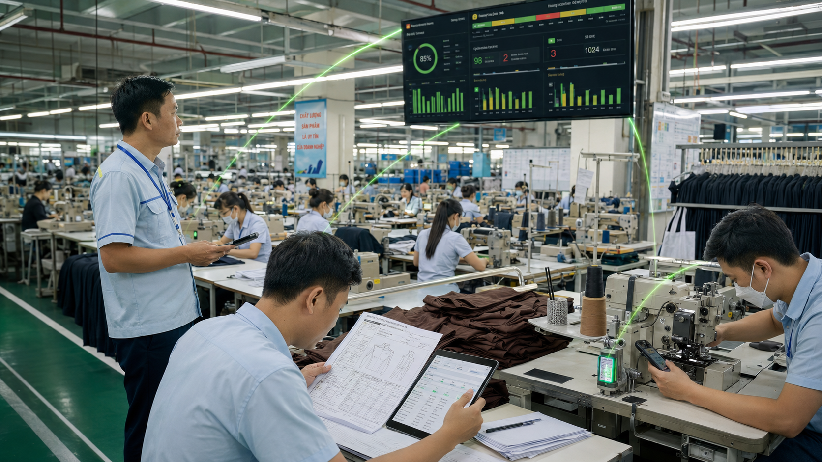 Phần mềm quản lý nhà máy may giúp nhà quản lý theo dõi tiến độ sản xuất, quản lý BOM, bảo trì thiết bị và điều hành dây chuyền may theo thời gian thực.